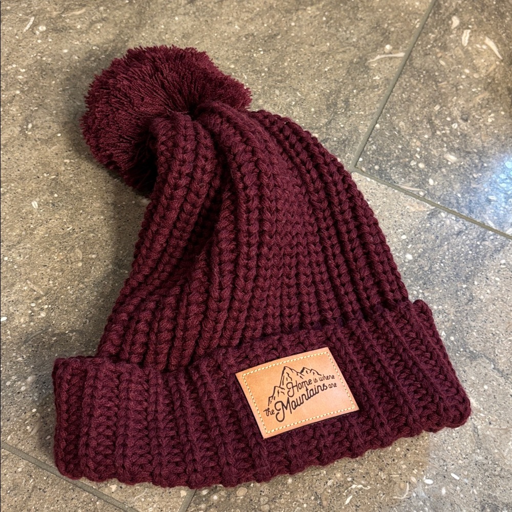 Montana Scene Slouchy maroon Pom beanie, Home is Where the Mountains Are